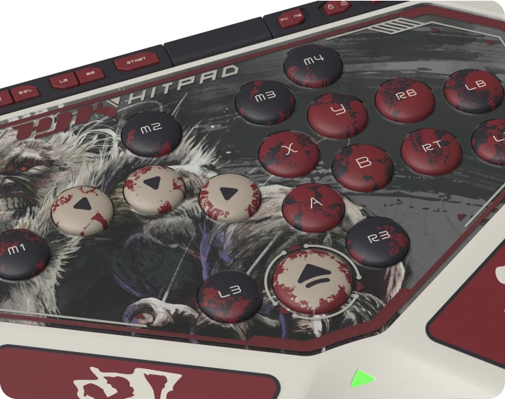 HJK Hitpad Akuma leverless controller - buttons angled close-up